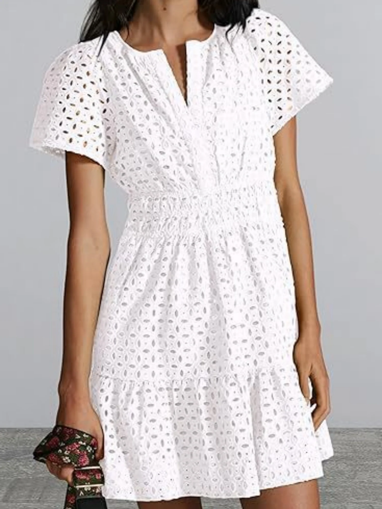 Lace Cutout V-neck Short Sleeve A-line Short Dress - Image 4