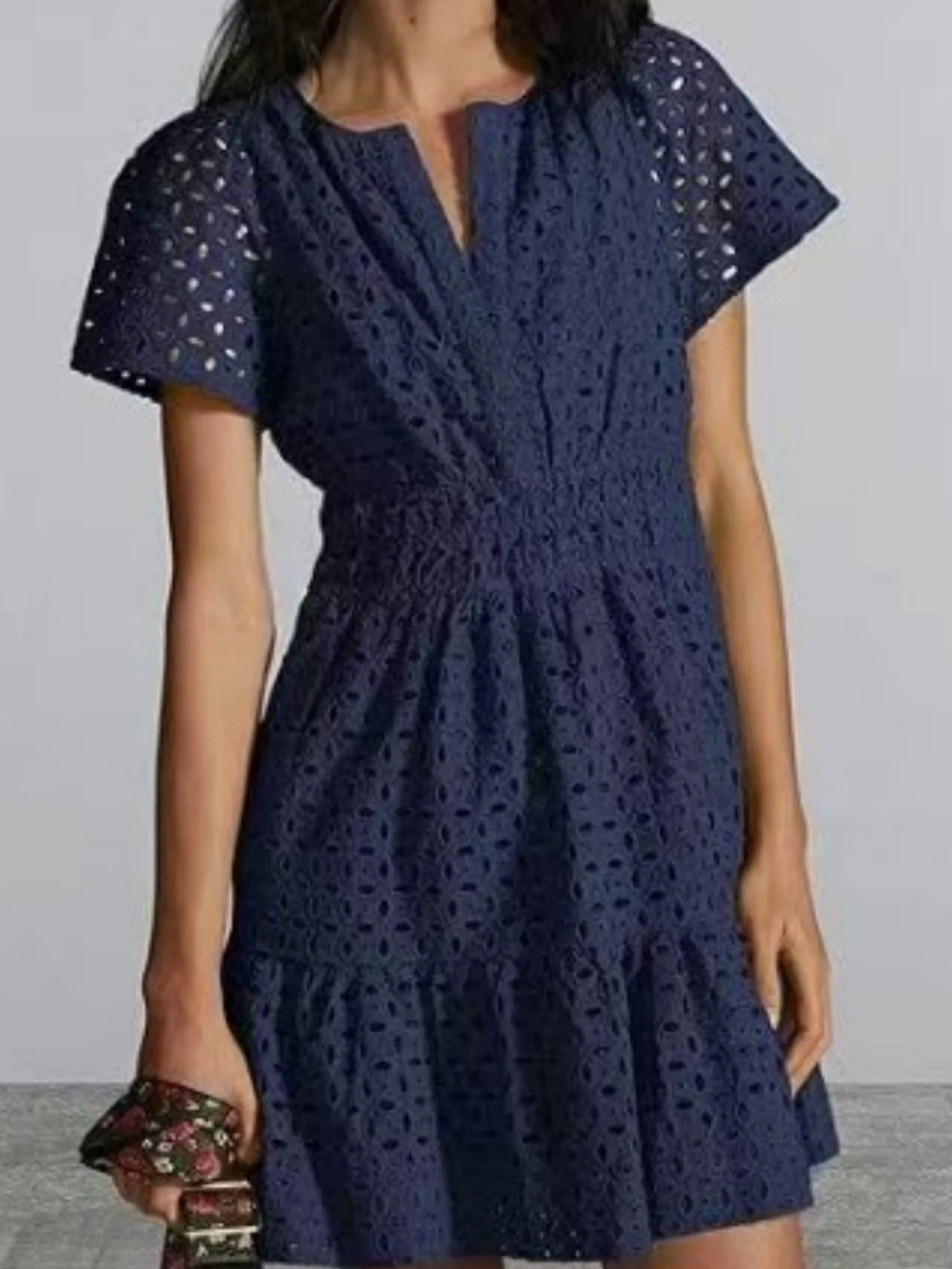 Lace Cutout V-neck Short Sleeve A-line Short Dress - Image 5