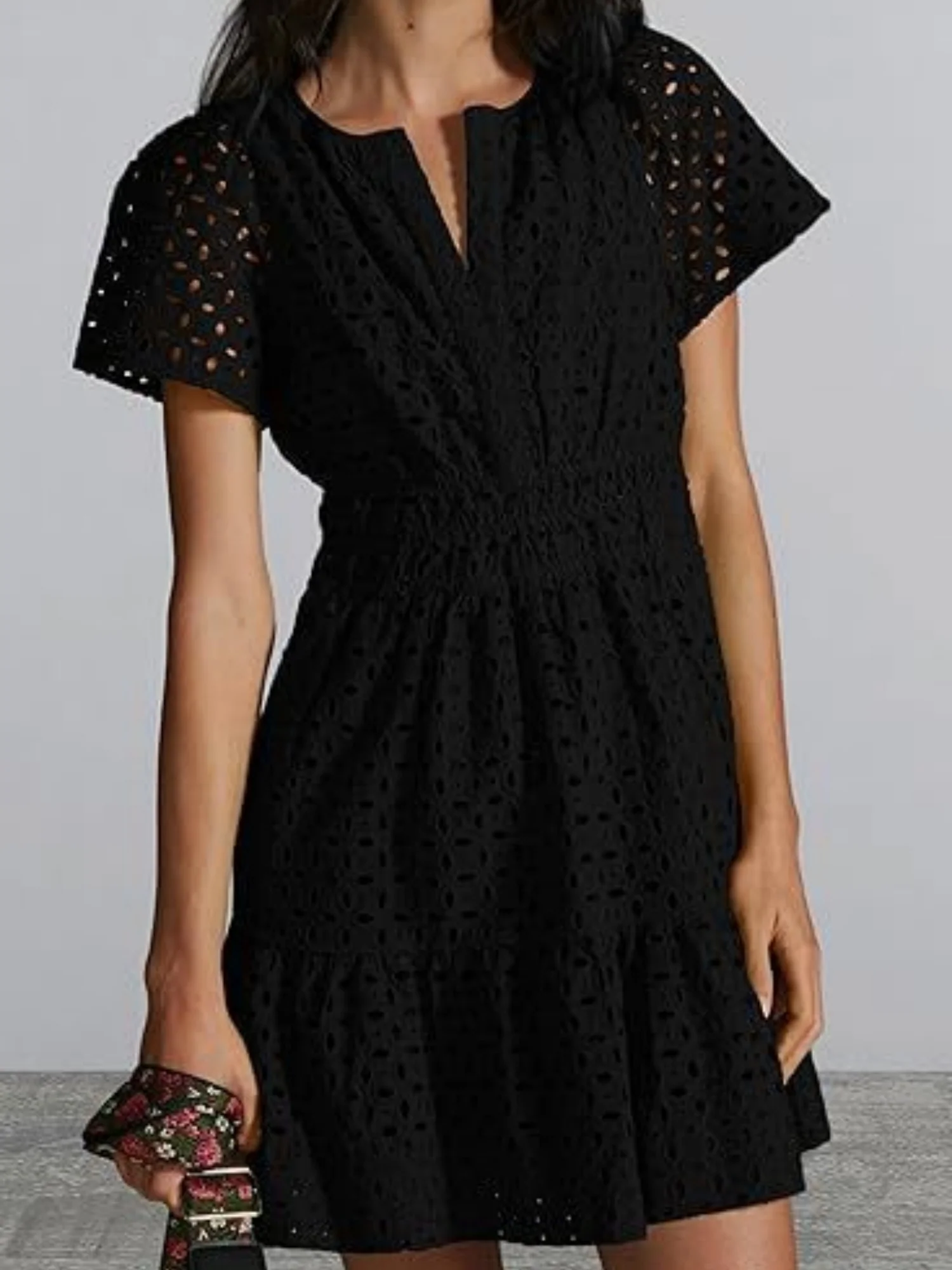 Lace Cutout V-neck Short Sleeve A-line Short Dress - Image 6