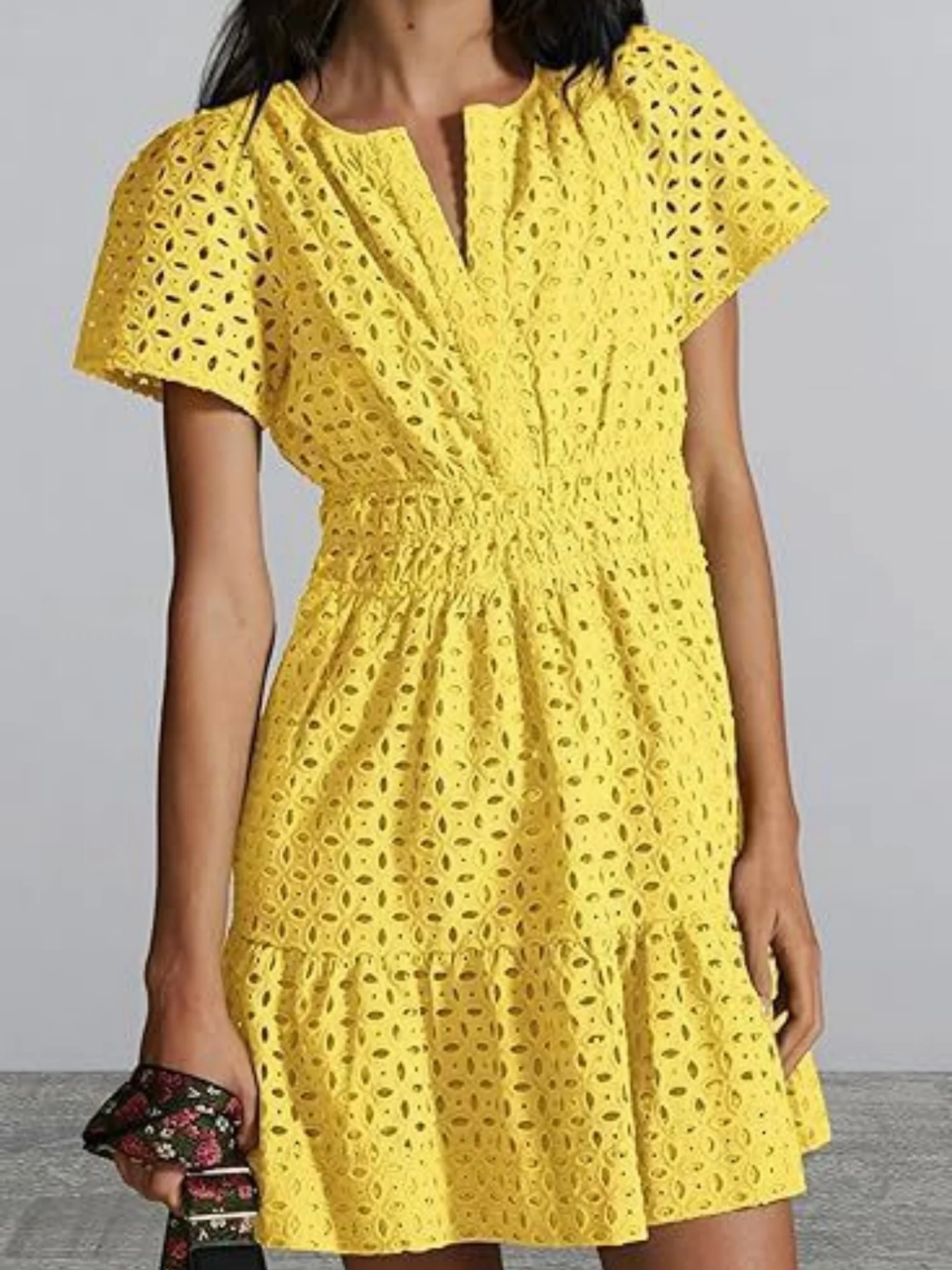 Lace Cutout V-neck Short Sleeve A-line Short Dress - Image 7