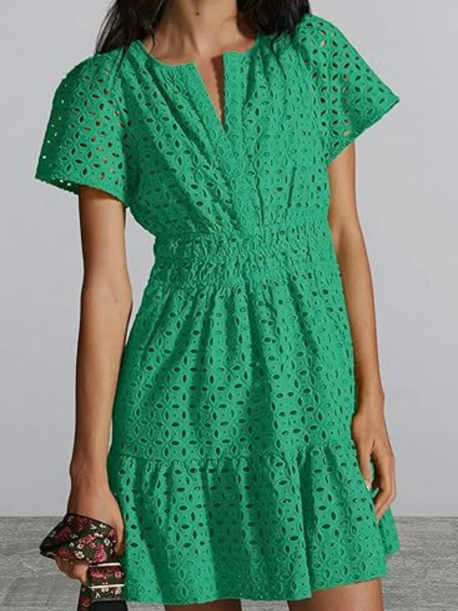 Lace Cutout V-neck Short Sleeve A-line Short Dress - Image 8