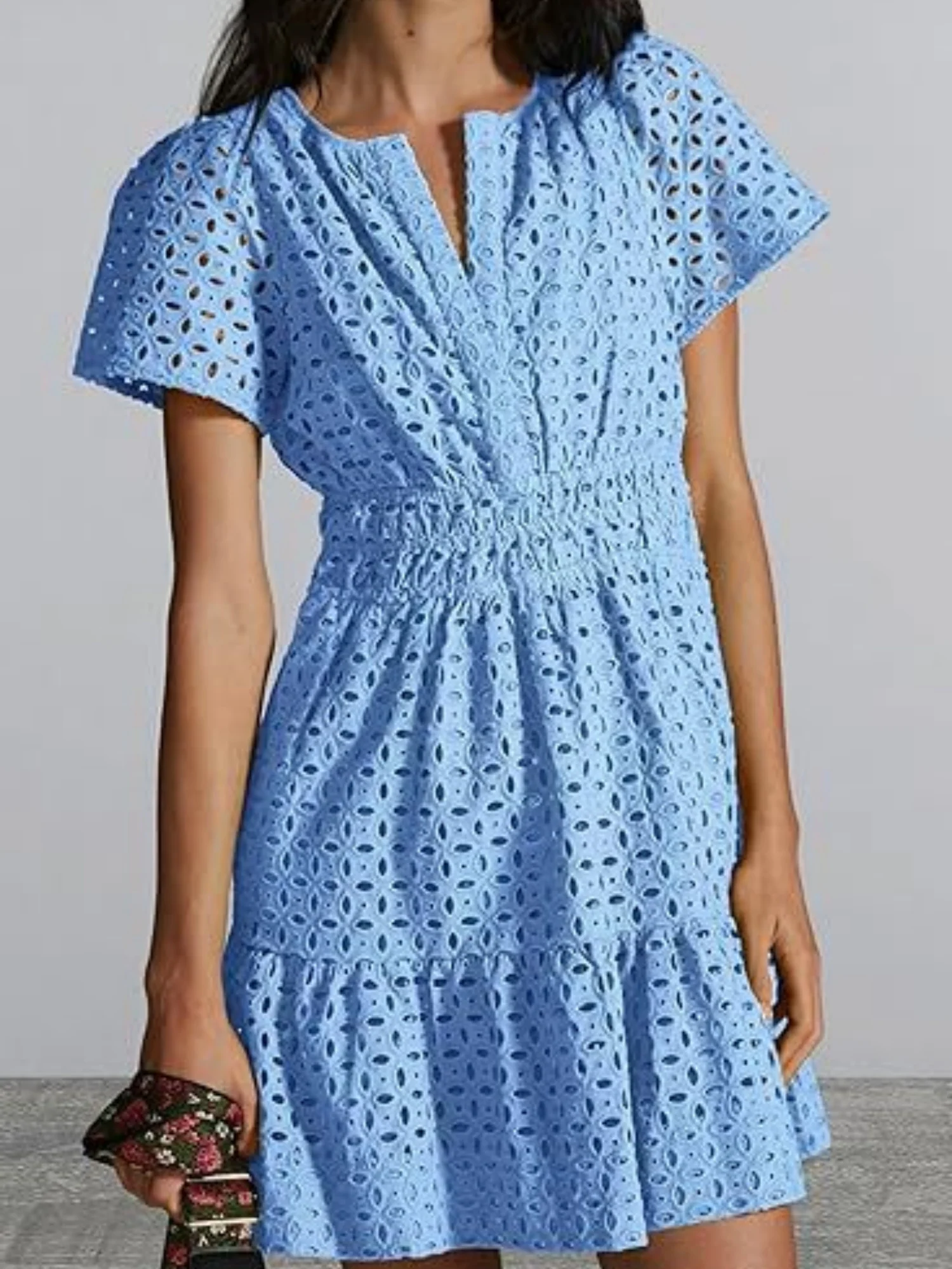 Lace Cutout V-neck Short Sleeve A-line Short Dress - Image 9