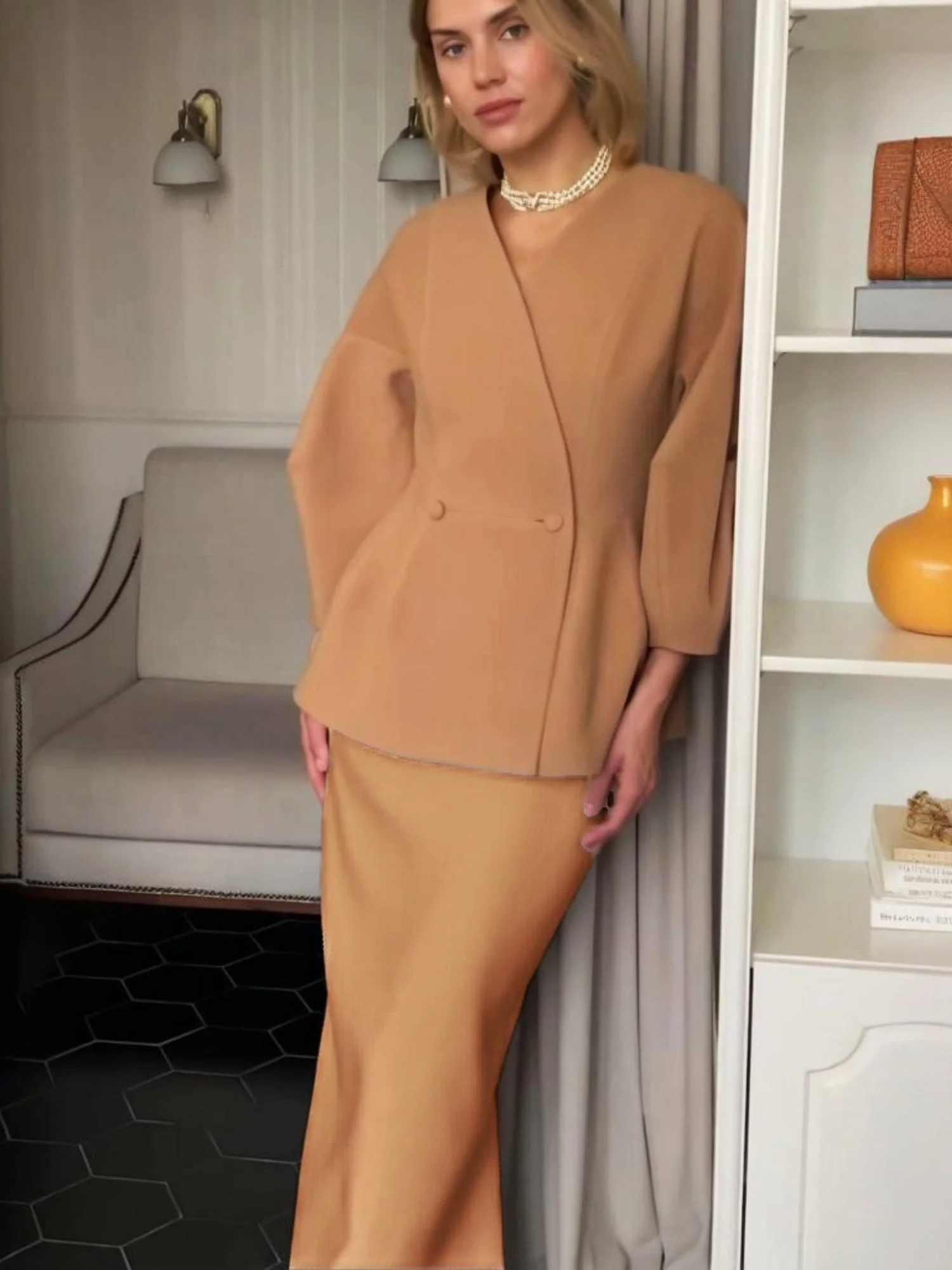 Solid Color Buttons Puff Sleeve Blazers Skirts 2-piece Sets - Image 5