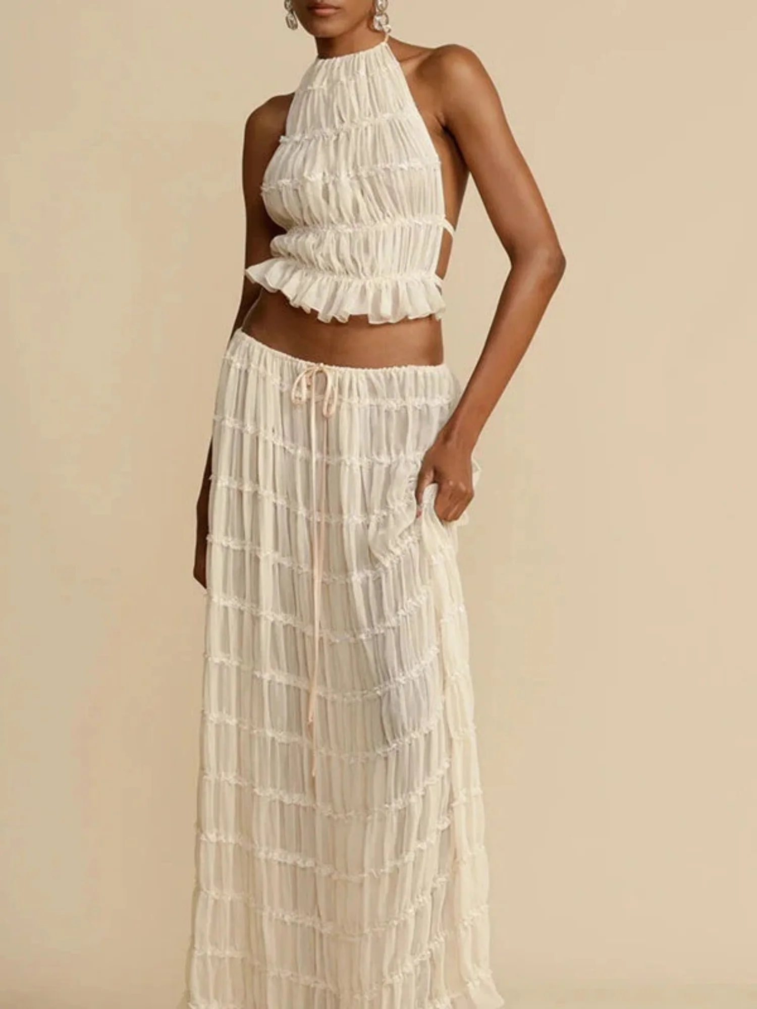 Pleated Sleeveless Backless Halter Neck Full Skirt 2-piece Sets - Image 2