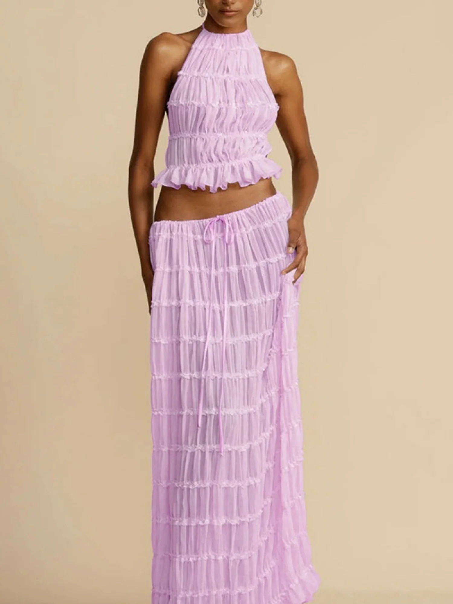 Pleated Sleeveless Backless Halter Neck Full Skirt 2-piece Sets - Image 8