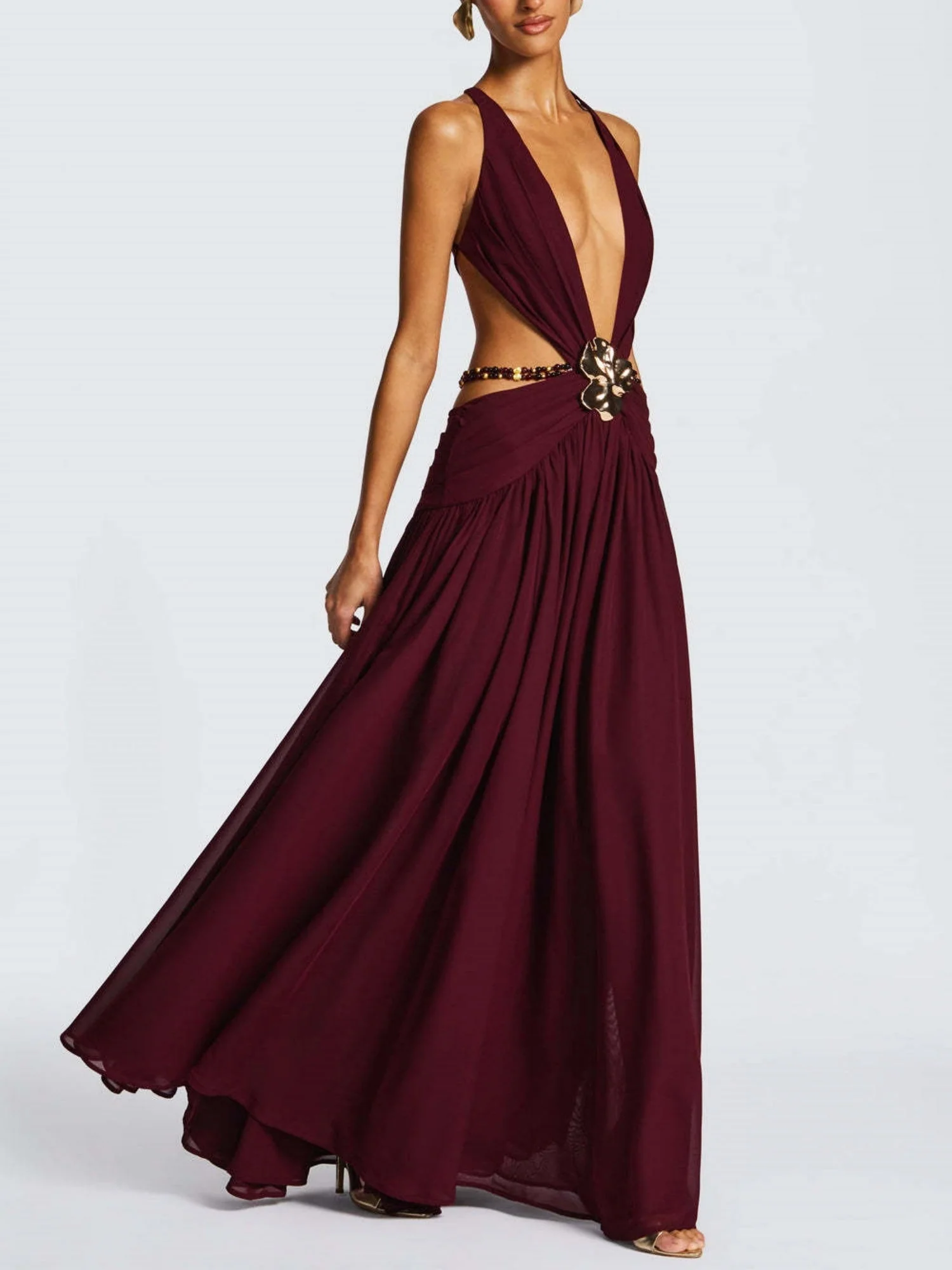 Halter Neck Deep V Lace-up Backless Sexy High Slit Metal Decoration Maxi Dresses - Image 3