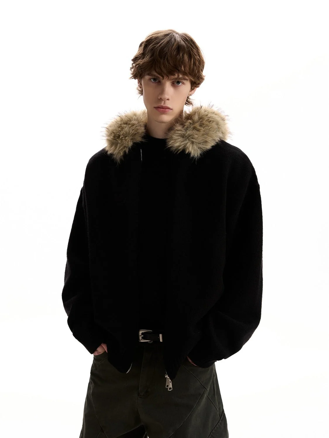 Fur Collar Hooded Knitting Cardigan Coat - Image 4