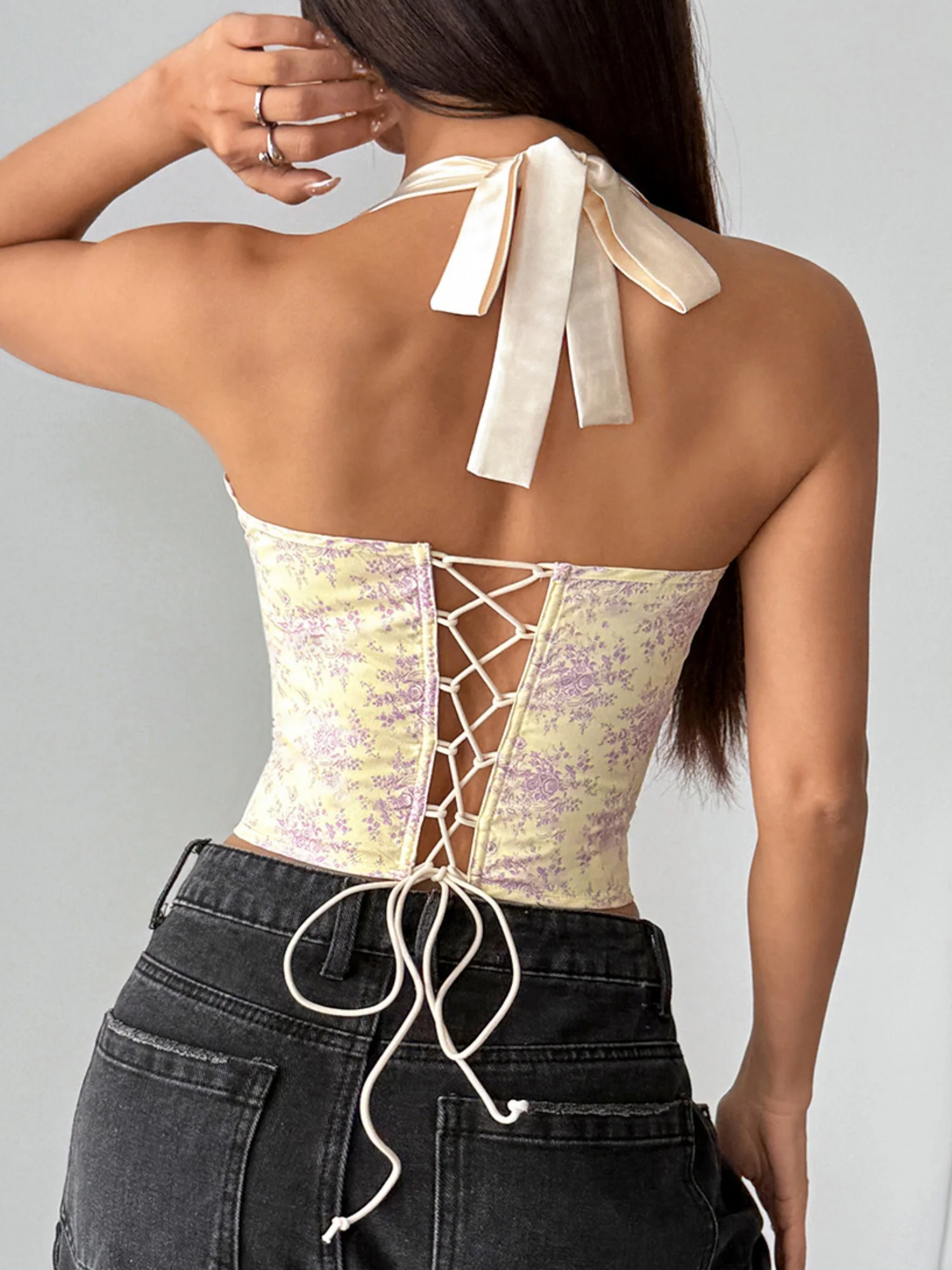 Wood Ear Printed Backless Neck Bra Fishbone Vest - Image 2