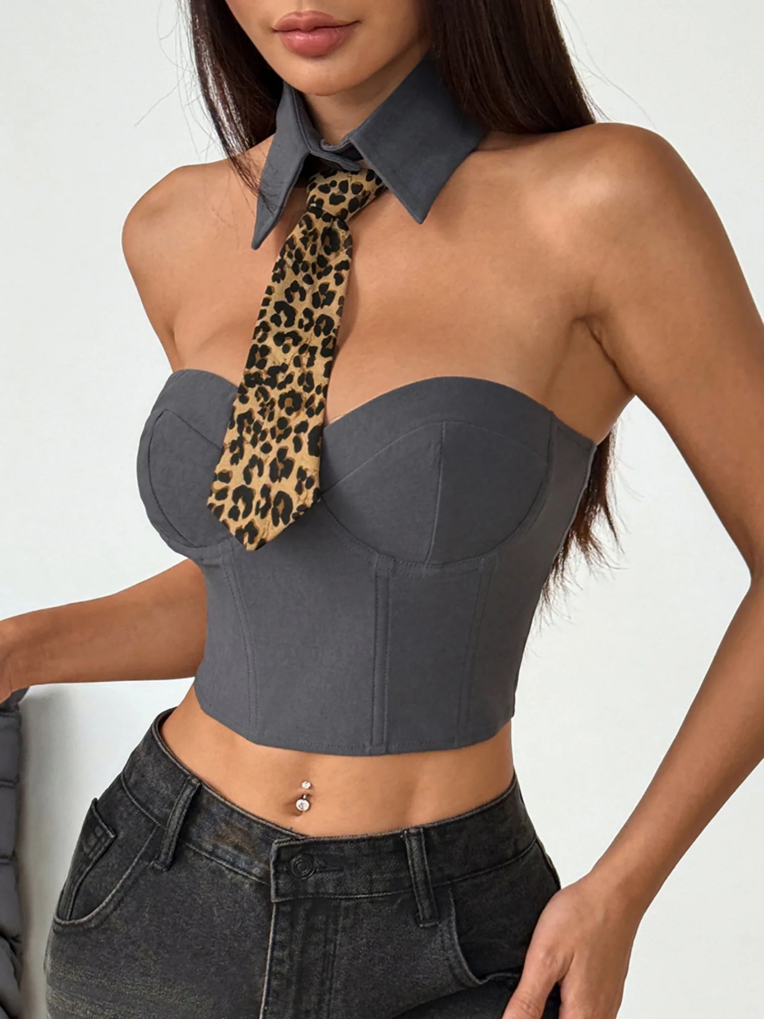 Leopard Print POLO Tie Fishbone Breastband Tank Tops&Camis - Image 8