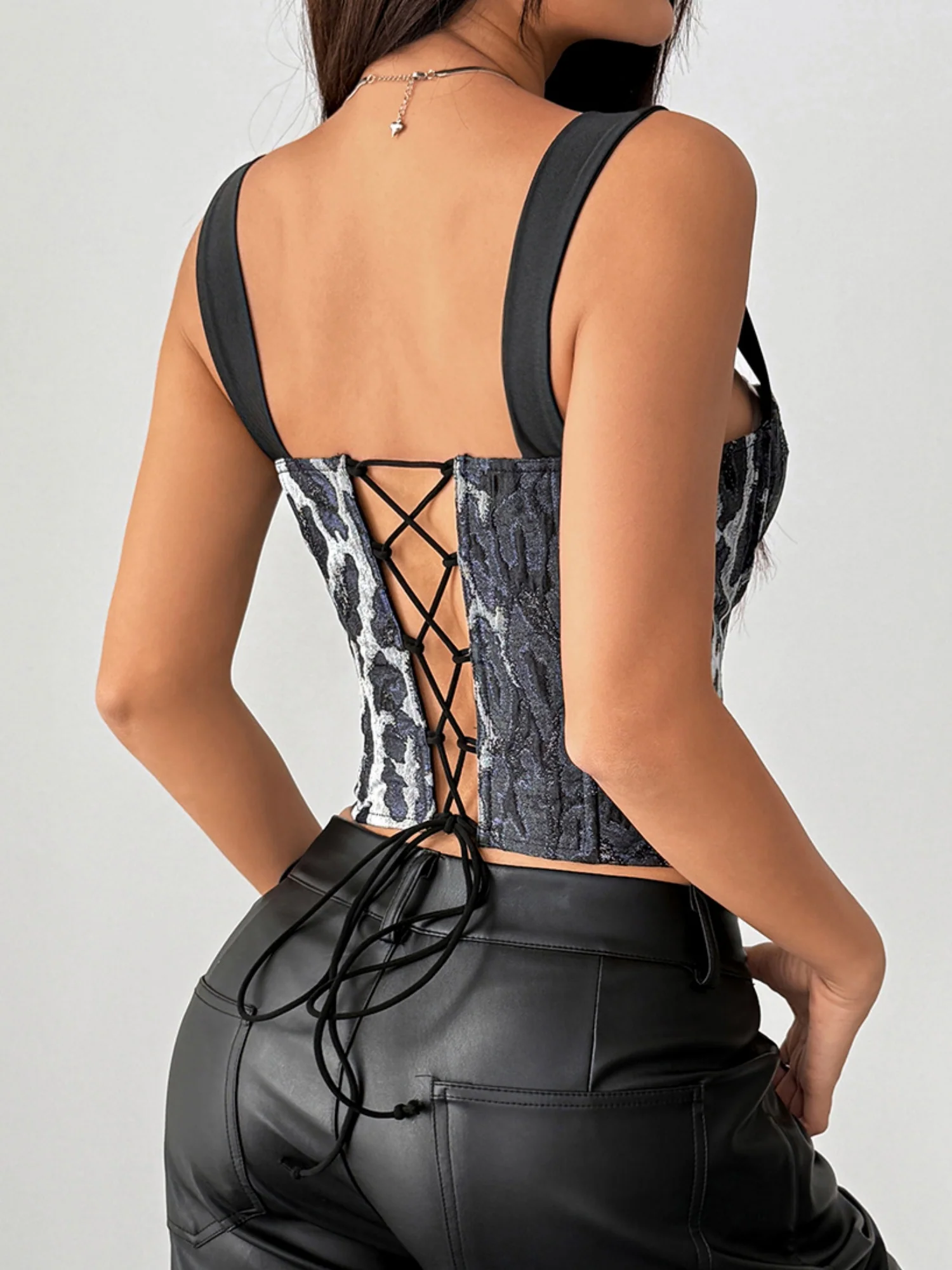 Leopard Print Color Blocking Jacquard Cotton Breast Lace-up Vest Fishbone Bra Tank Tops&Camis - Image 2