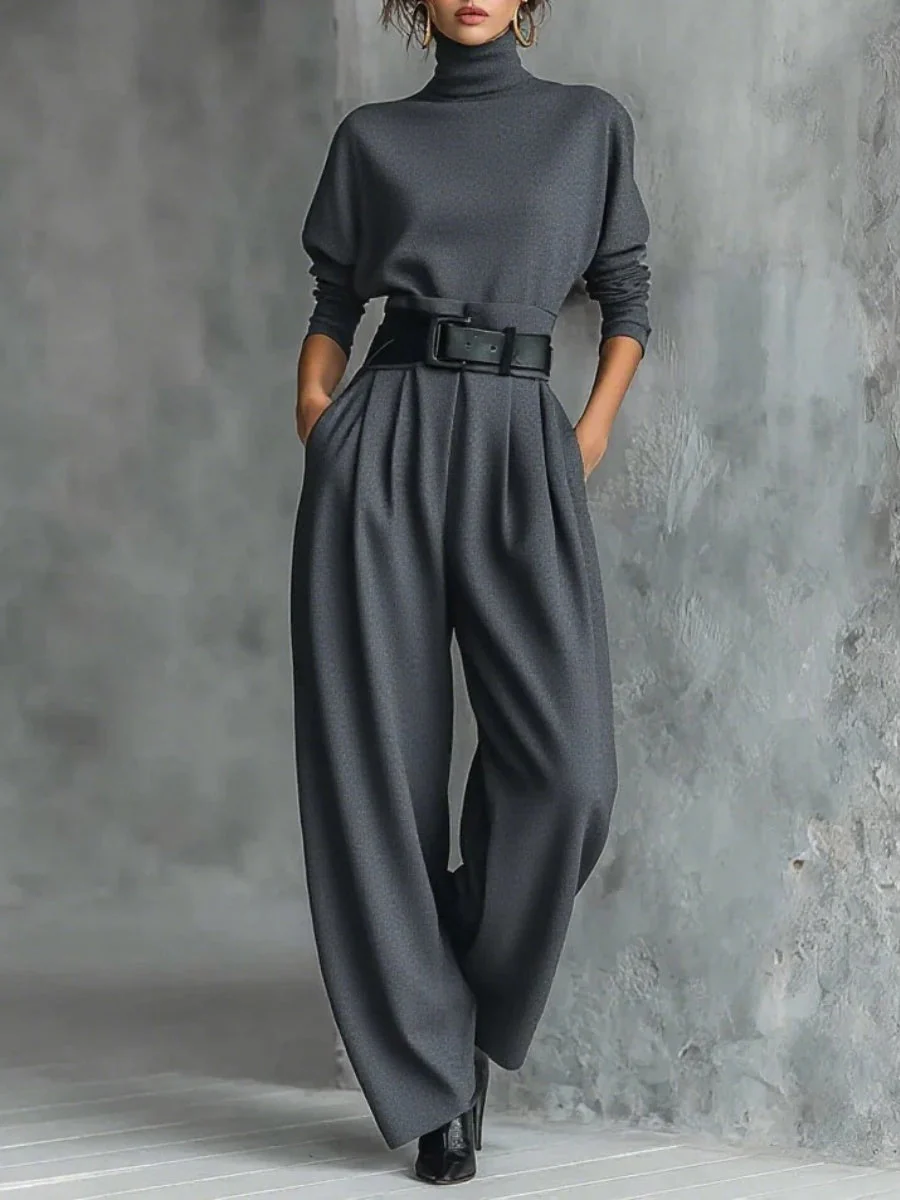 Turtleneck Long Sleeve Jacket High Waist With Belt Pants Set - Image 3