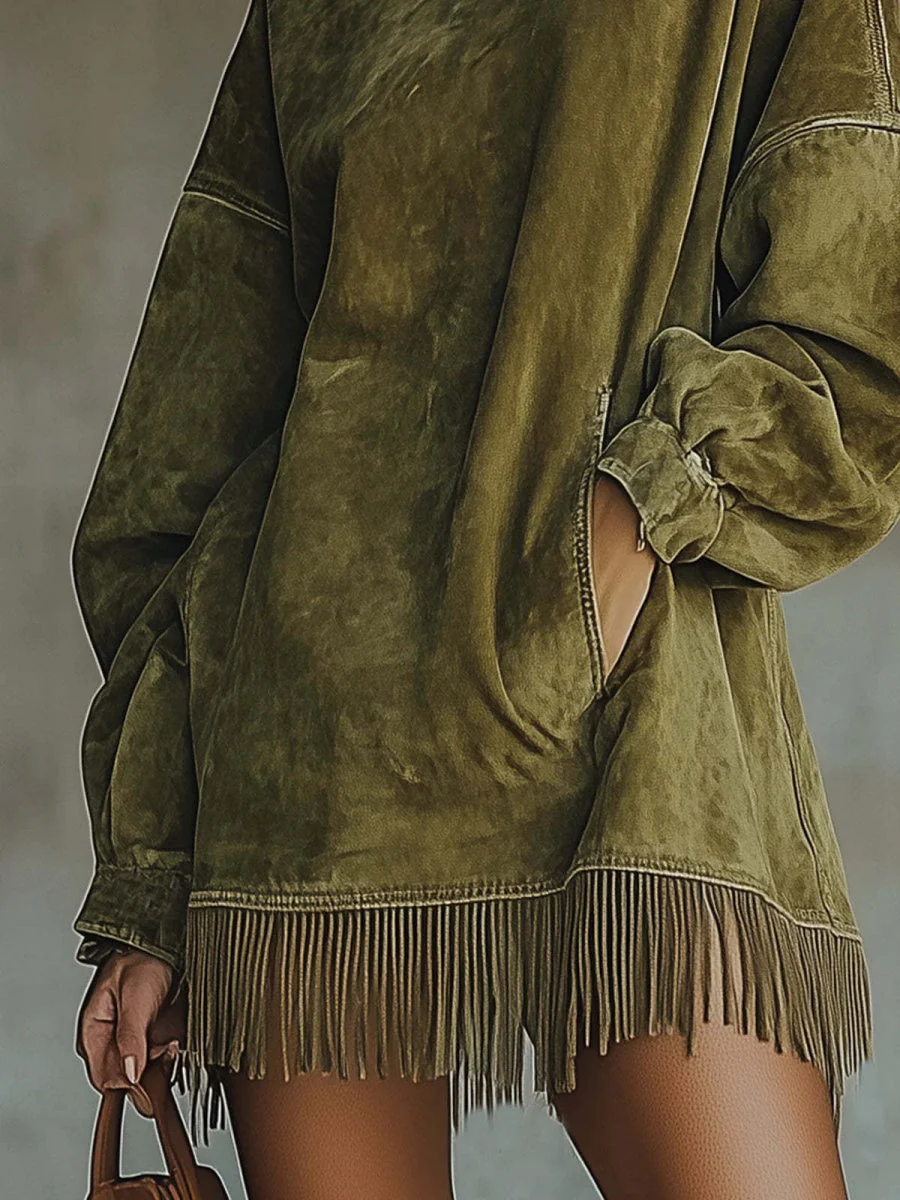 High-neck, Loose-fitting, Pocketed, Tassel Long-sleeved Suede Mini Dress - Image 3