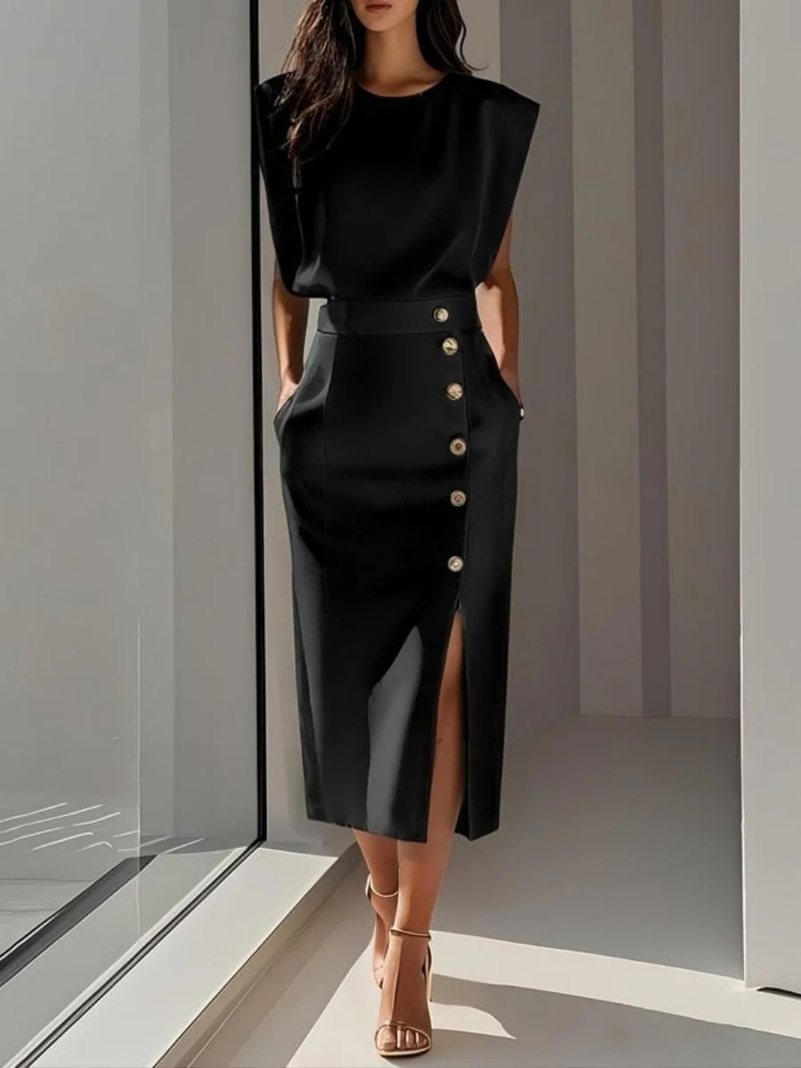 Crew Neck Waist Slit Metal Buttons Sleeveless Midi Dresses