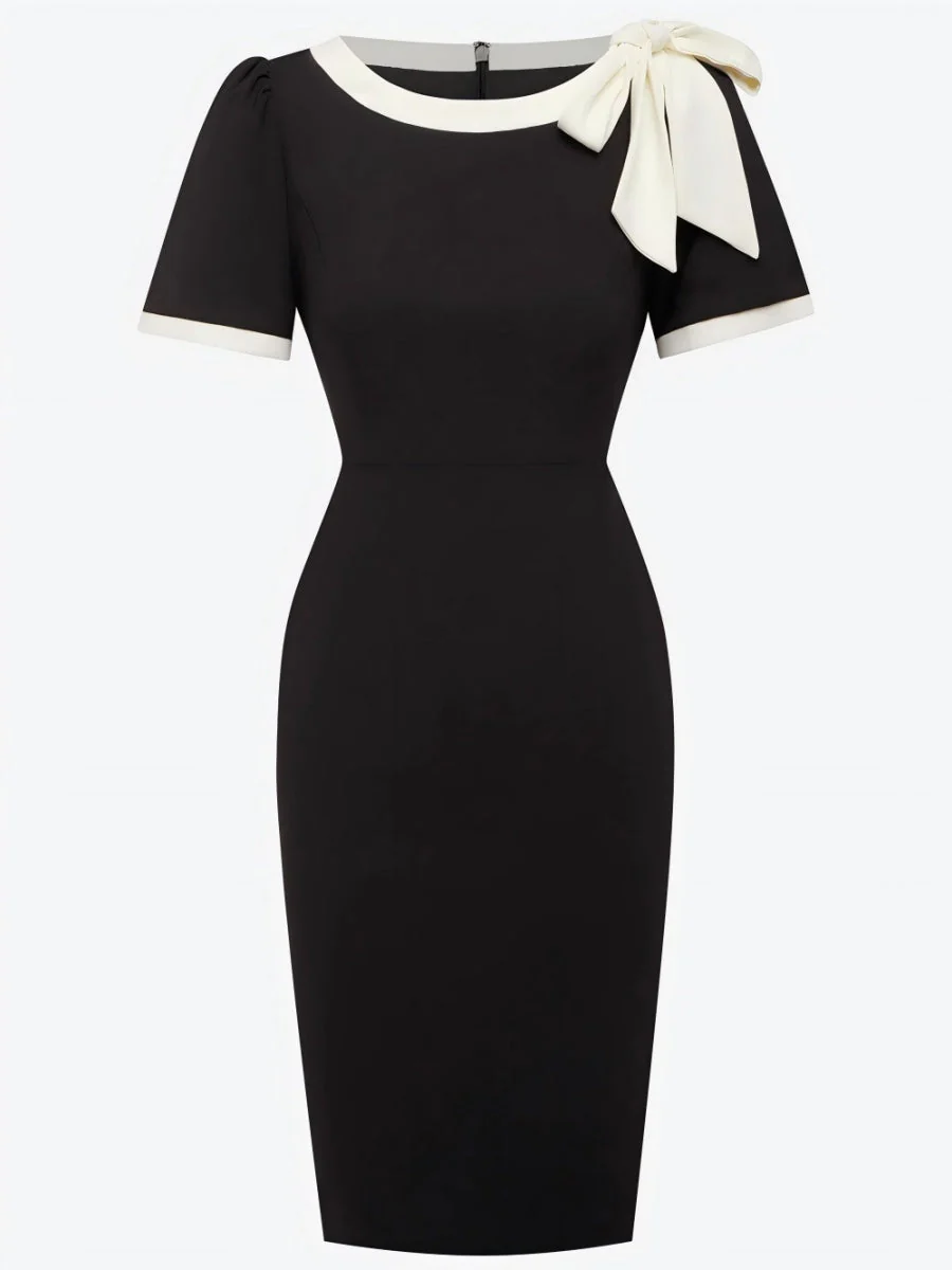 Crew Neck Bow Contrasting Colors Slim Fit Banquet Formal Dress For The Workplace Midi Dresses - Image 3