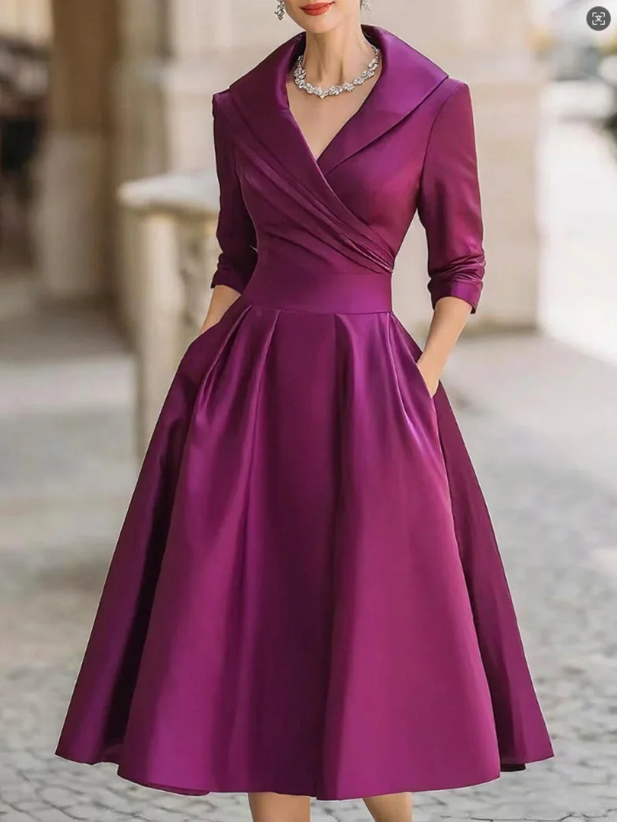 Long Sleeve Wrap-up Big Swing Solid Color Midi Dresses - Image 4