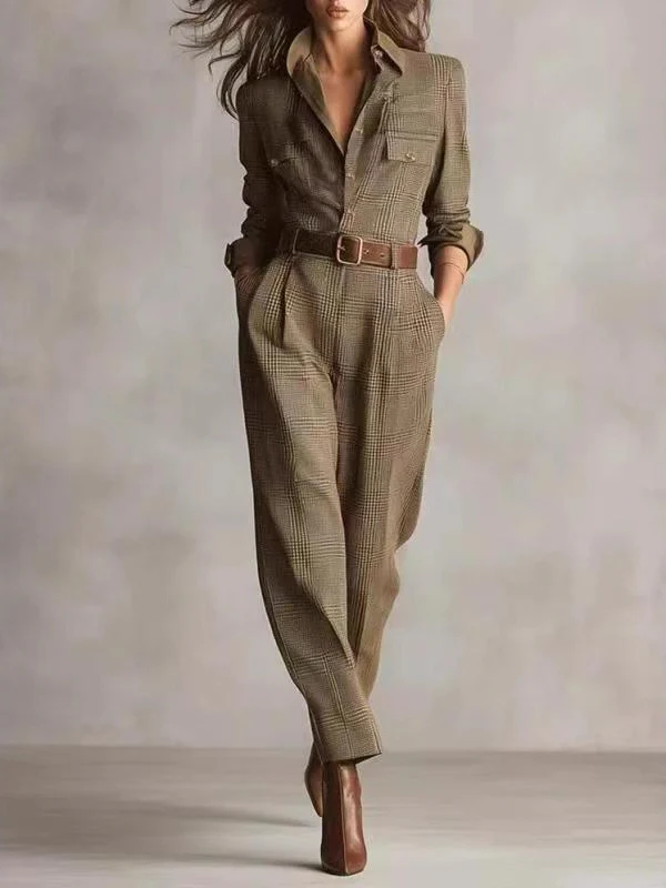 Cotton Plaid Work Pocket Jumpsuit