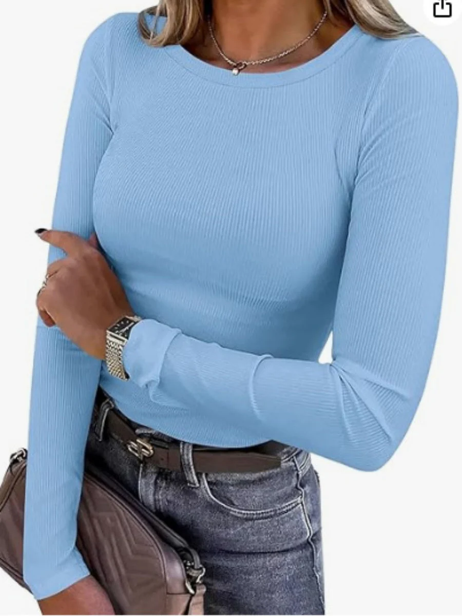 Pit Strip Long Sleeve Elastic Crew Neck Ribbed Slim Fit Basic T-shirts - Image 10