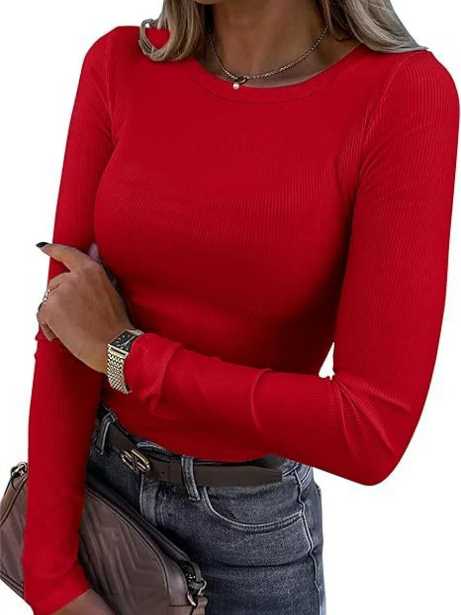 Pit Strip Long Sleeve Elastic Crew Neck Ribbed Slim Fit Basic T-shirts - Image 11
