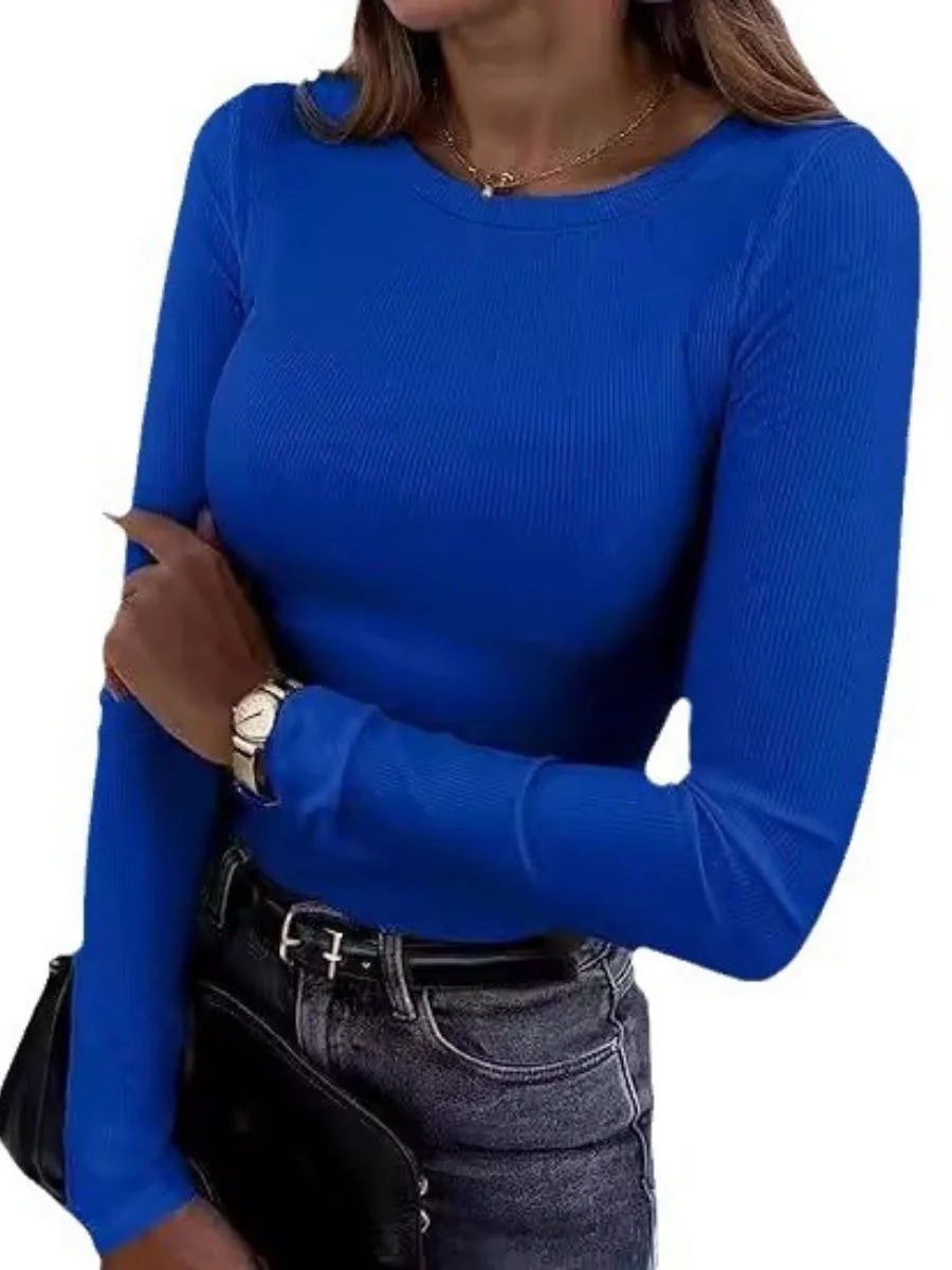 Pit Strip Long Sleeve Elastic Crew Neck Ribbed Slim Fit Basic T-shirts - Image 12