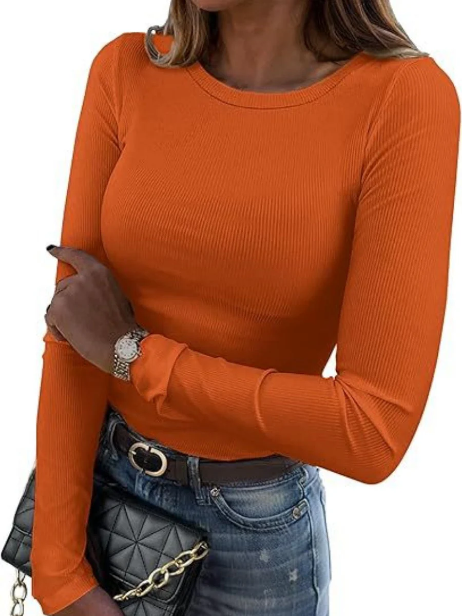 Pit Strip Long Sleeve Elastic Crew Neck Ribbed Slim Fit Basic T-shirts - Image 14