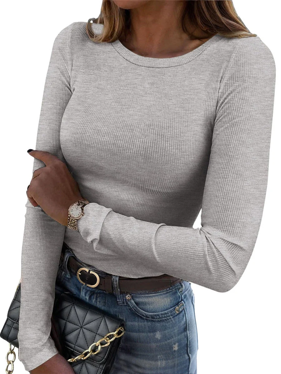 Pit Strip Long Sleeve Elastic Crew Neck Ribbed Slim Fit Basic T-shirts - Image 3