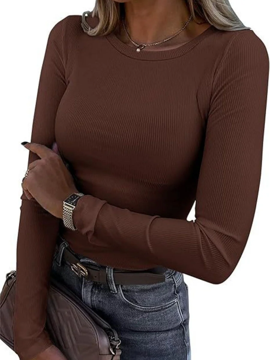 Pit Strip Long Sleeve Elastic Crew Neck Ribbed Slim Fit Basic T-shirts - Image 6