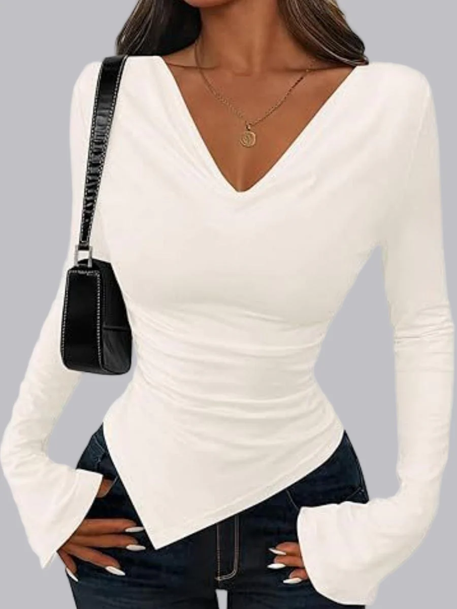 V-neck Asymmetrical Hem Slim Fit Slimming Stack Collar Basic T-shirts