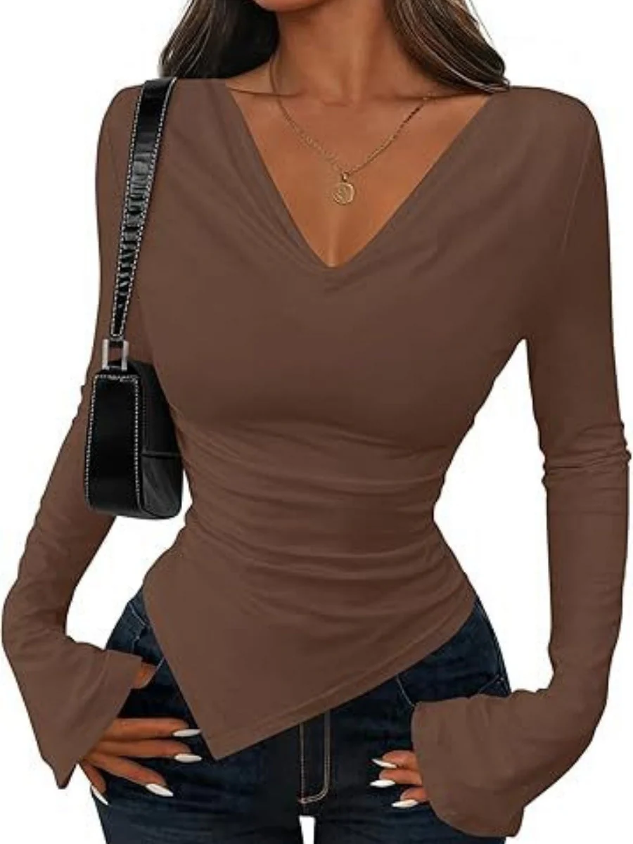 V-neck Asymmetrical Hem Slim Fit Slimming Stack Collar Basic T-shirts - Image 2