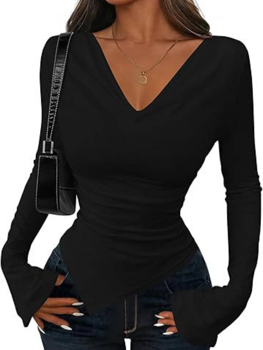 V-neck Asymmetrical Hem Slim Fit Slimming Stack Collar Basic T-shirts - Image 3