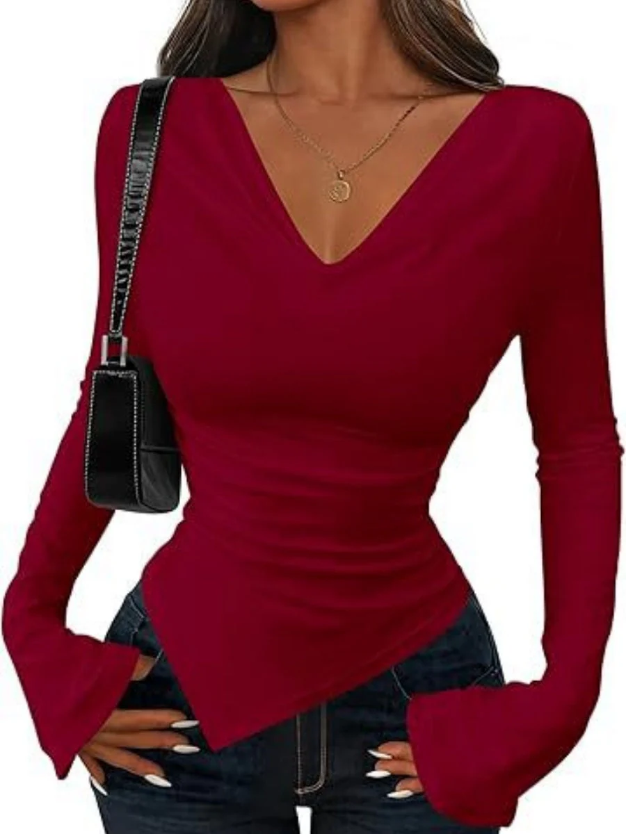 V-neck Asymmetrical Hem Slim Fit Slimming Stack Collar Basic T-shirts - Image 4