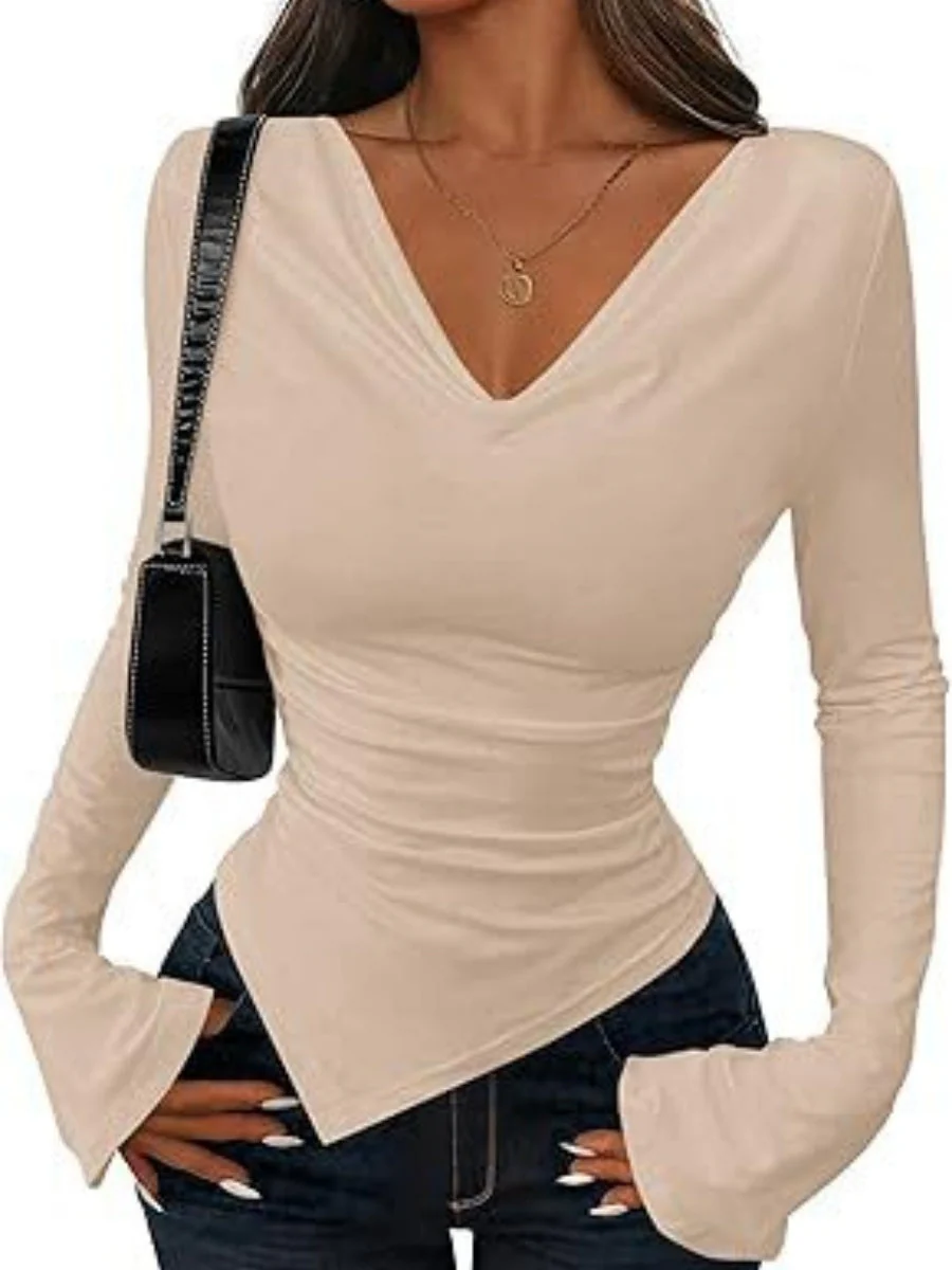 V-neck Asymmetrical Hem Slim Fit Slimming Stack Collar Basic T-shirts - Image 5