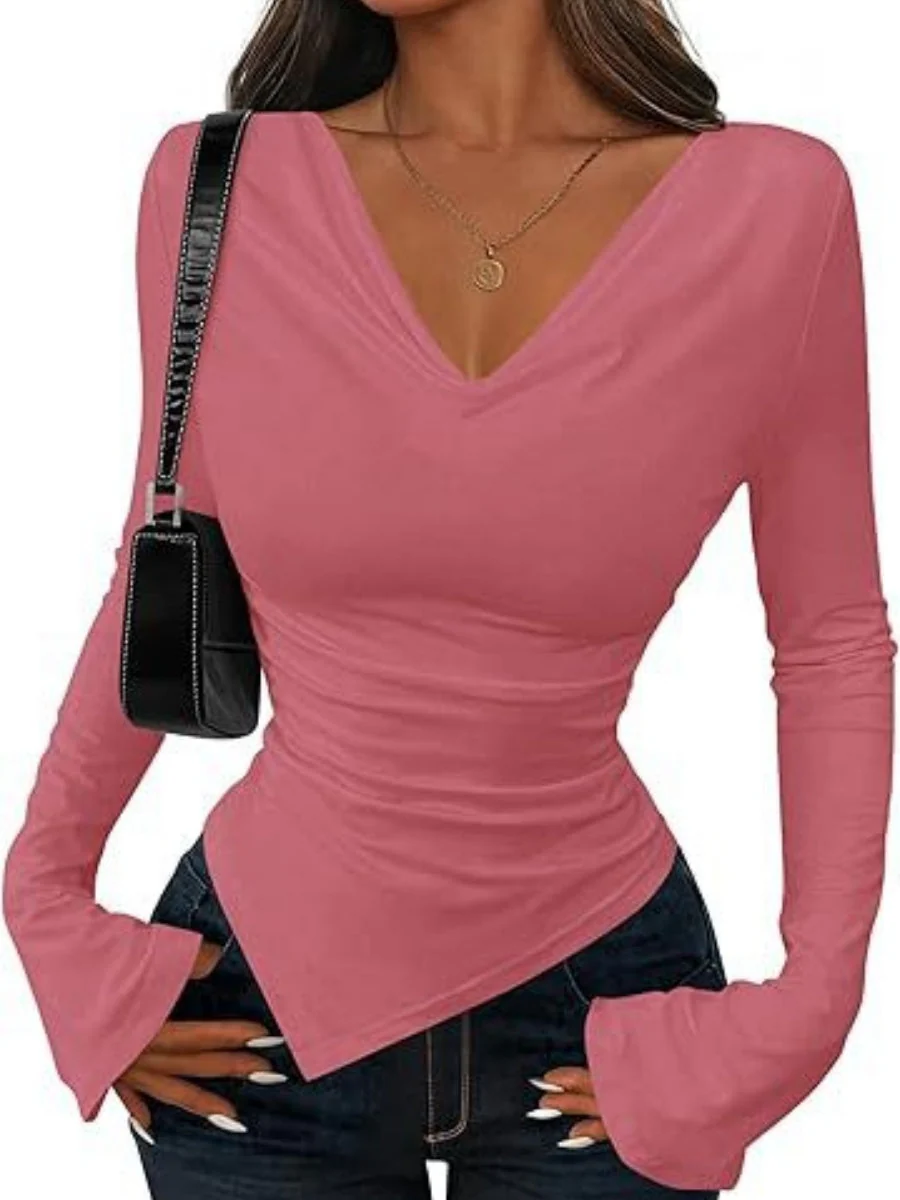 V-neck Asymmetrical Hem Slim Fit Slimming Stack Collar Basic T-shirts - Image 6