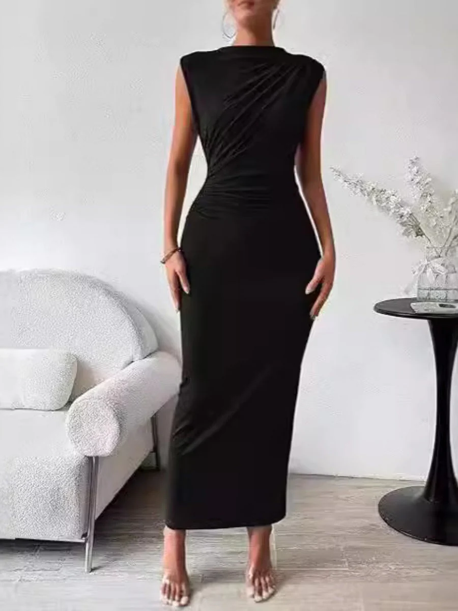 Solid Color Sleeveless Pleated Slim Fit Innerwear Maxi Dresses - Image 5