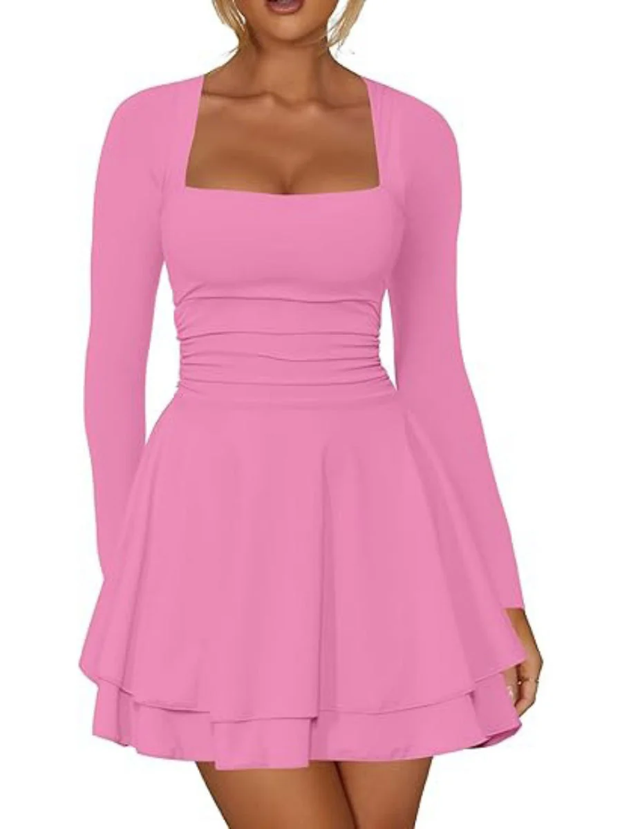 Square Neck Long Sleeves Pleated Solid Color Slim Fit Mini&Short Dresses - Image 6