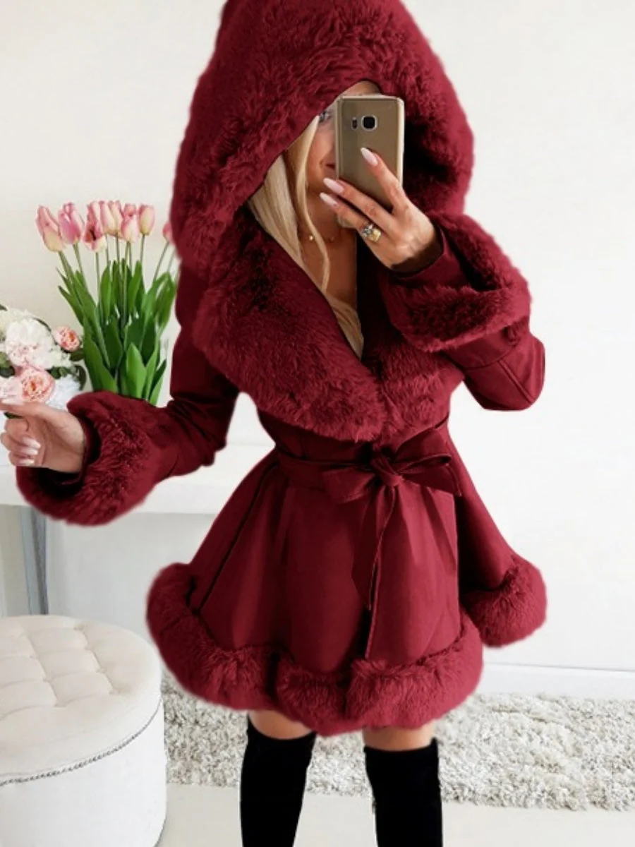 Furry Patchwork Ruffle Solid Color Ribbon Hooded Coats - Image 3