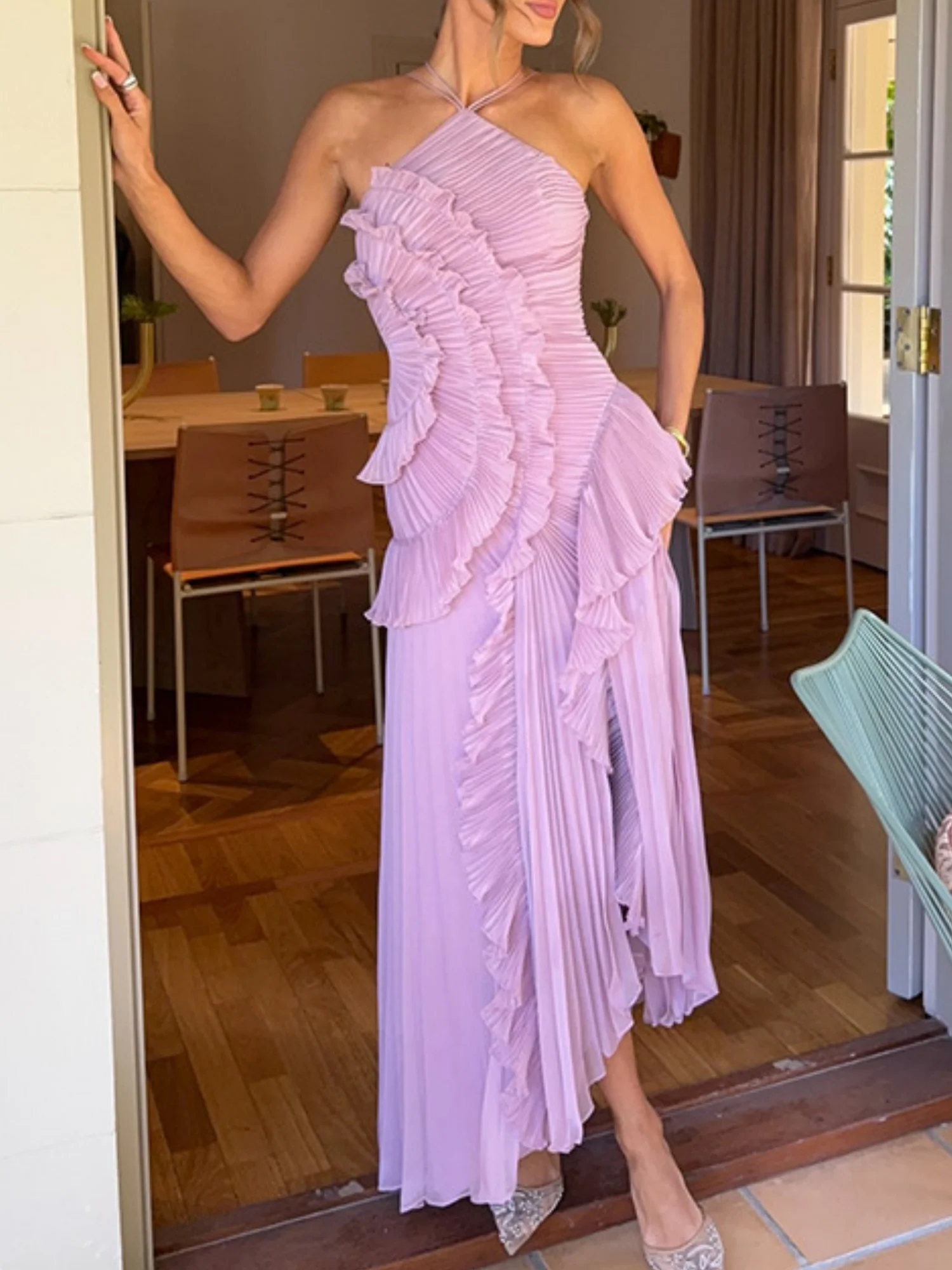 Ruffle Pleated Splicing Halter Neck Strap Maxi Dresses