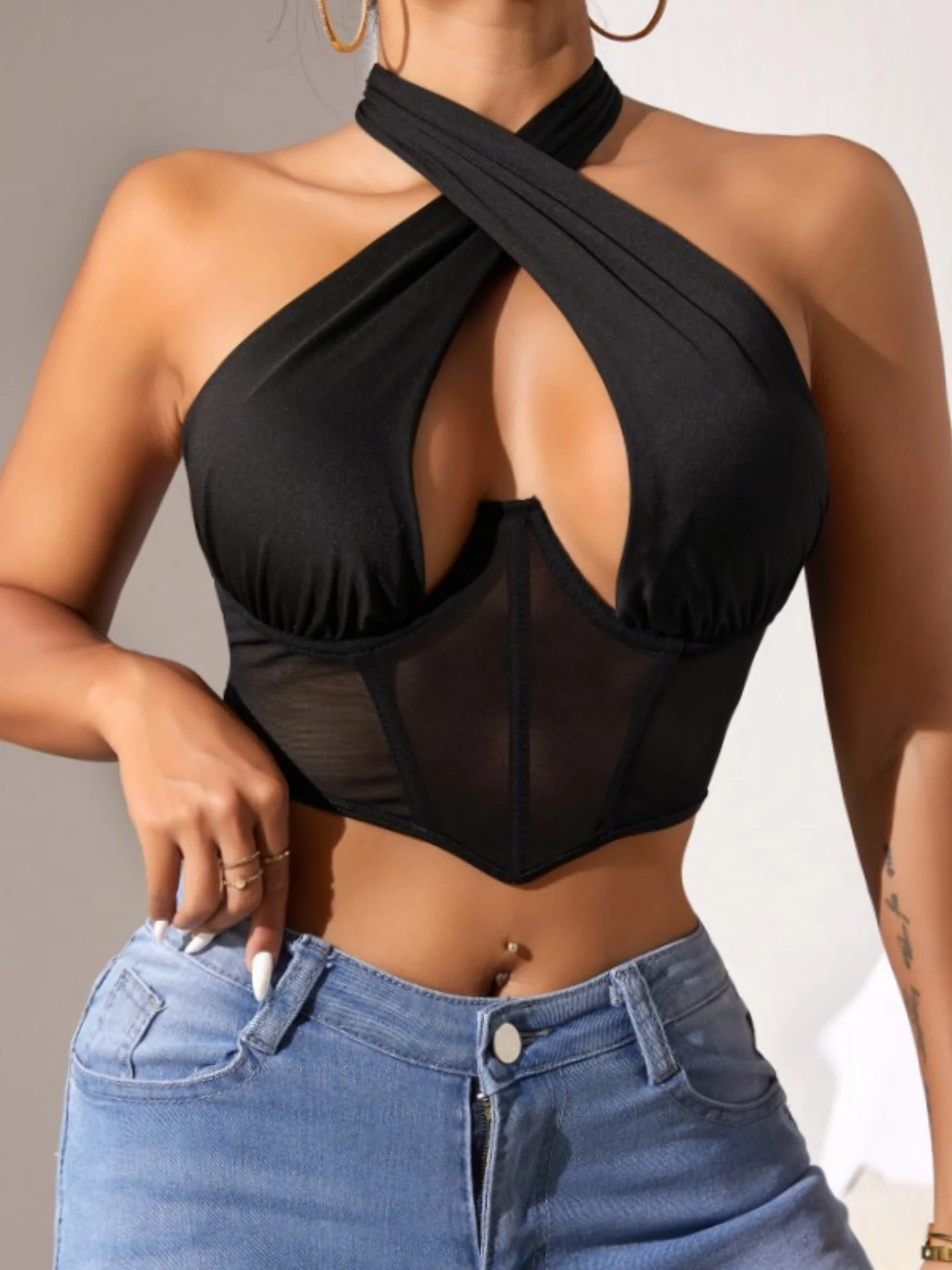 Mesh See-through Cross-neck Steel Ring Fishbone Bra - Image 3