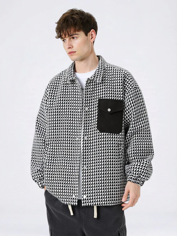 Color-Block Plaid Notch-Collar Jacket