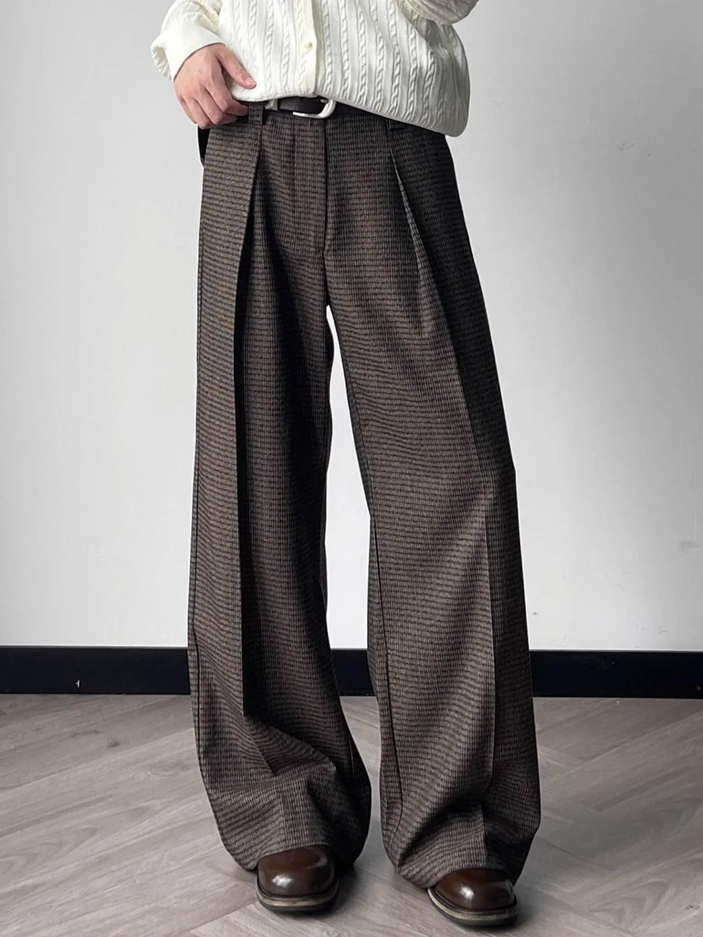 Wool-Blend Houndstooth-Stripe Pleated A-Line Wide-Leg Trousers - Image 5