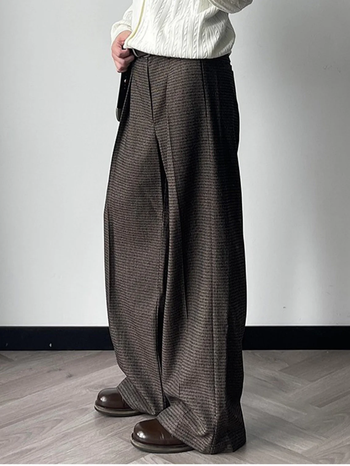 Wool-Blend Houndstooth-Stripe Pleated A-Line Wide-Leg Trousers - Image 6