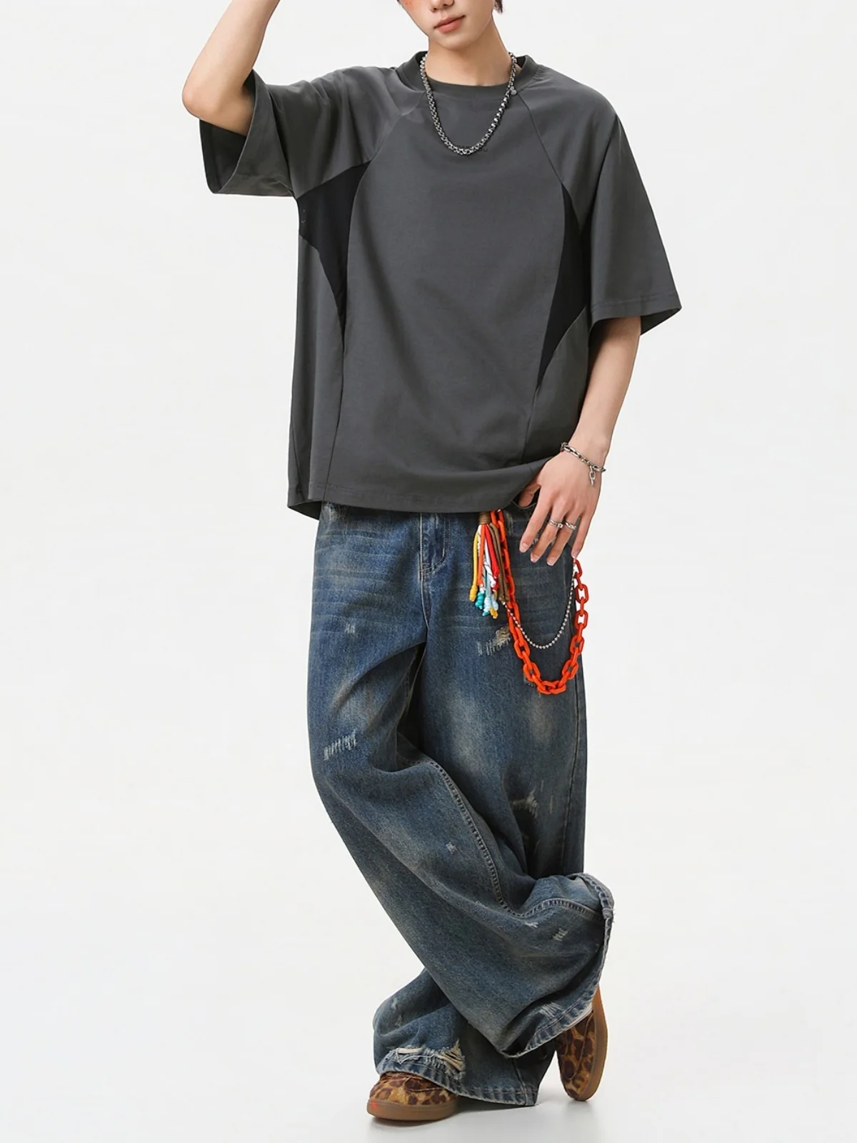 Color-blocked Mesh Patchwork Letter Print T-shirts - Image 2