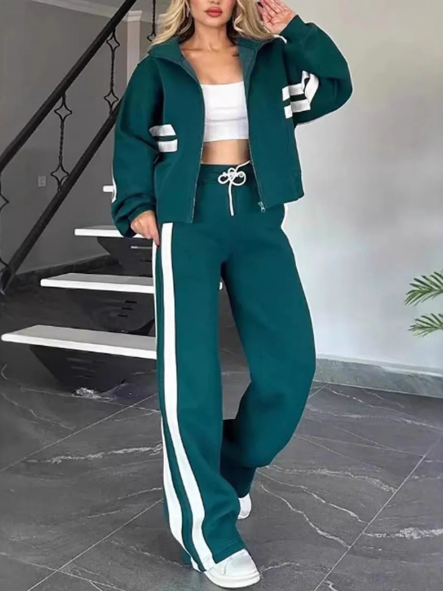 Stripes Zipper Top Wide-leg Pants Leisure Sports 2-piece Sets - Image 8