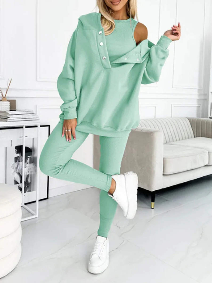 Sporty Casual Hoodie Sweatshirt, Ribbed Slim Fit Vest And Pants Three-piece Set - Image 17