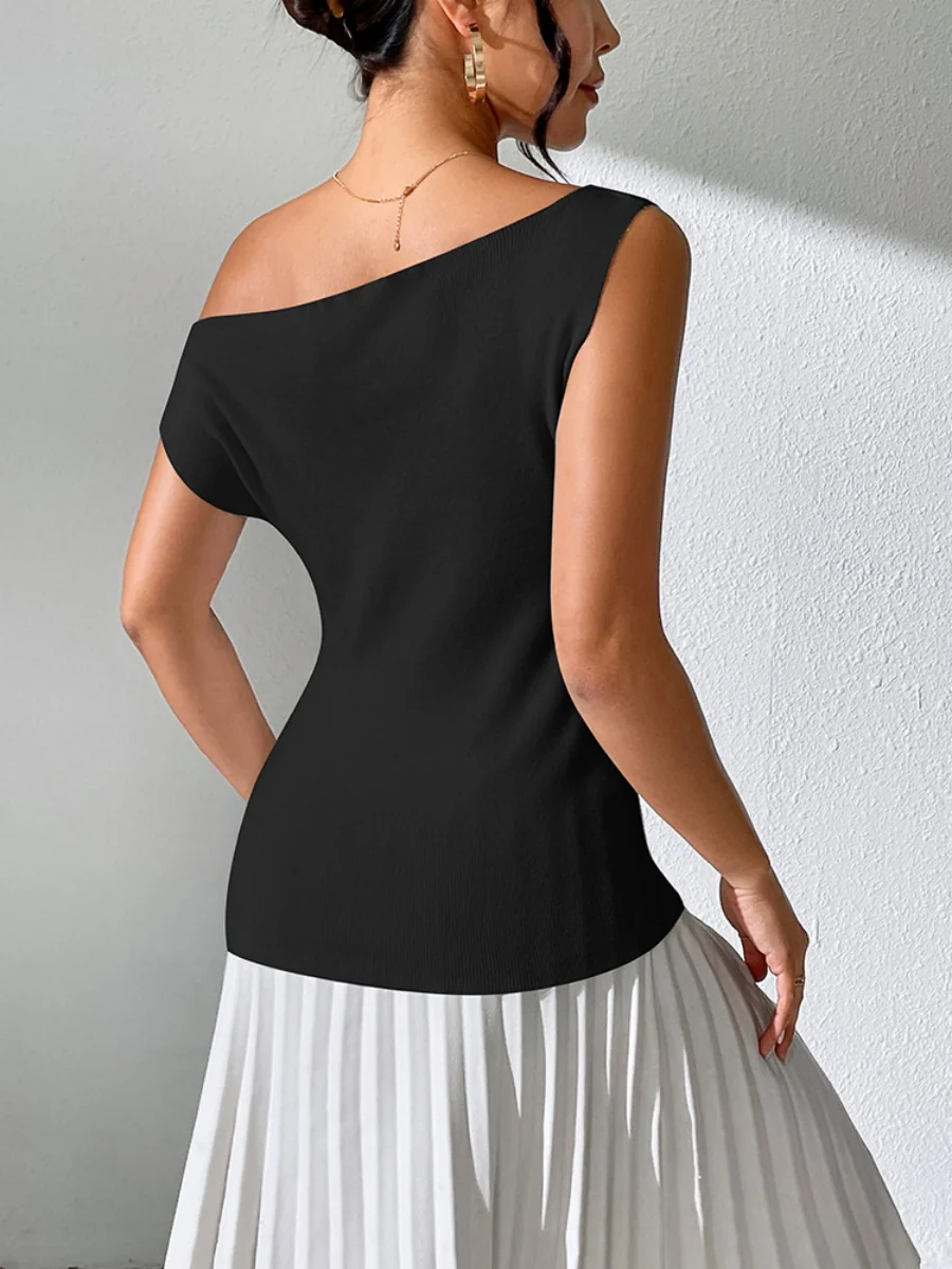 Knitting Irregular Sloping Shoulders Off Shoulder T-shirts - Image 10