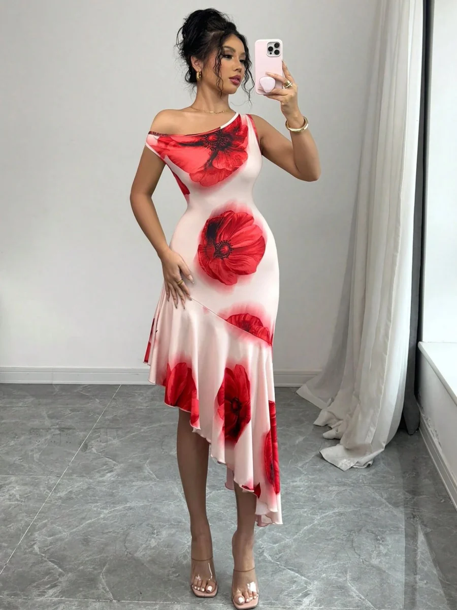 Asymmetrical Fitted Hibiscus Floral Print Long Dress