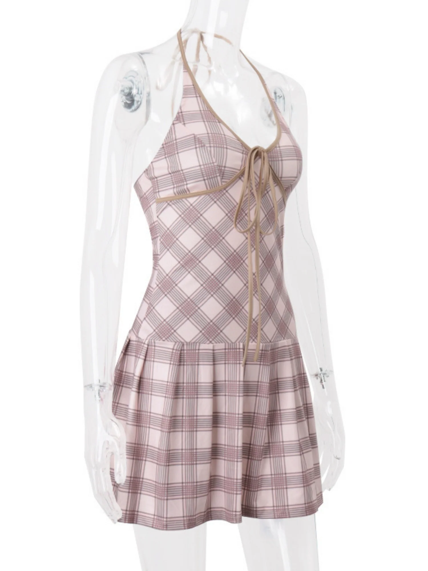 Plaid V-neck Tie Color-blocked Halter Neck Sweet Mini&Short Dresses - Image 6
