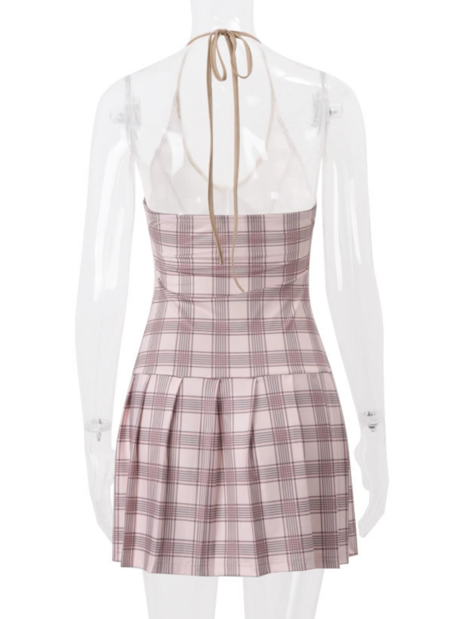 Plaid V-neck Tie Color-blocked Halter Neck Sweet Mini&Short Dresses - Image 7