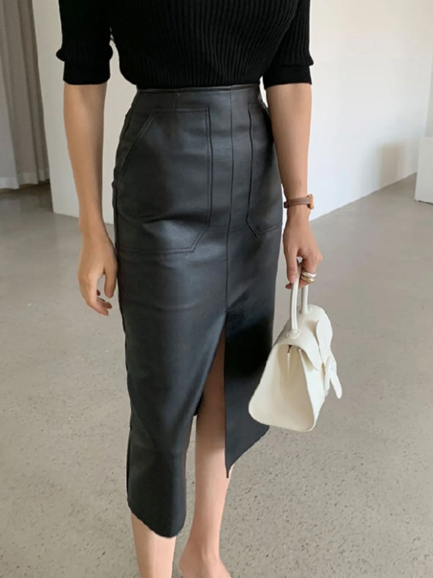 PU Leather Deep Fork Skirts - Image 2