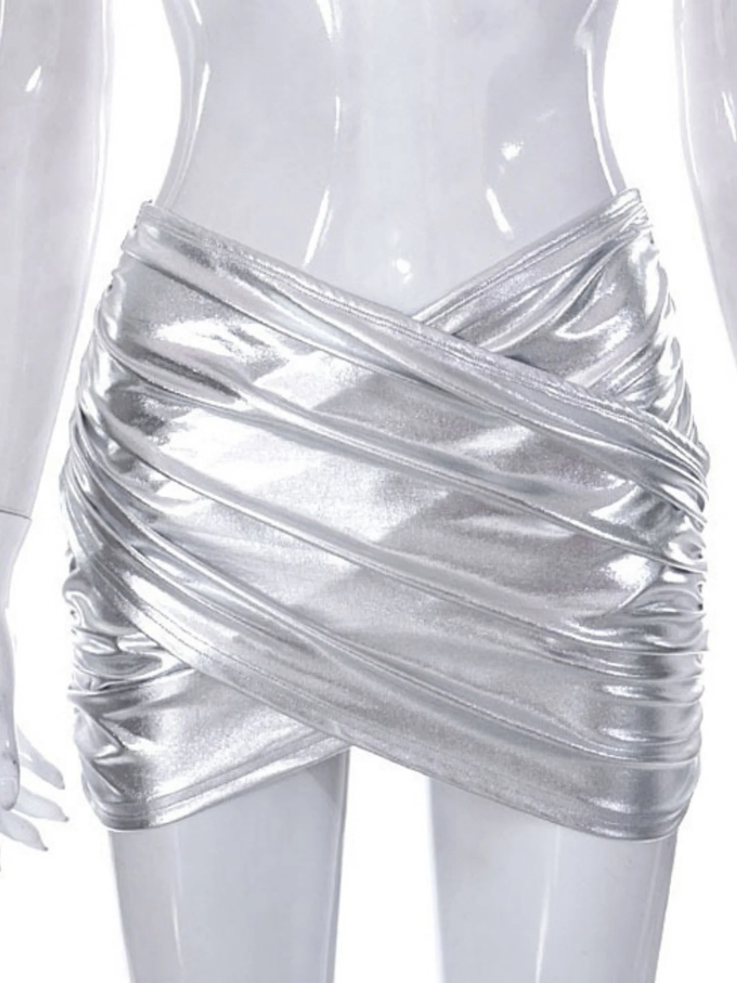 PVC Glossy Patent Leather Cross Pleats Sexy Short Skirt - Image 4