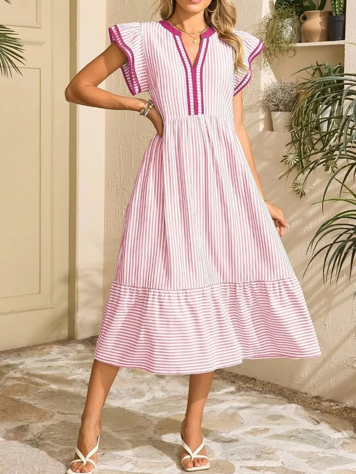 Striped Double-pleated Short-sleeved Color-blocked V-neck Midi Dress - Image 2